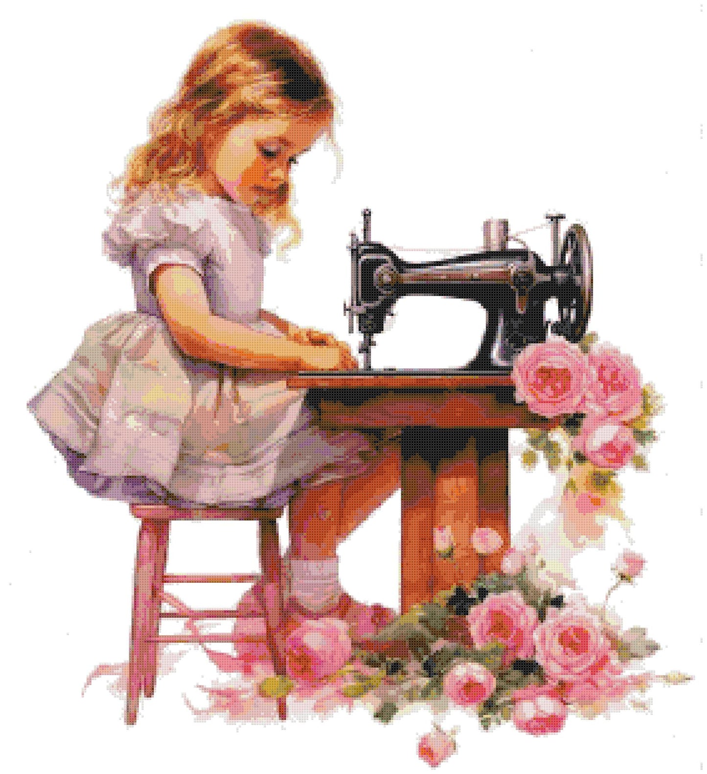 Counted Cross Stitch patterns/ Blonde Girl and Sewing Machine/ Dream Home 113