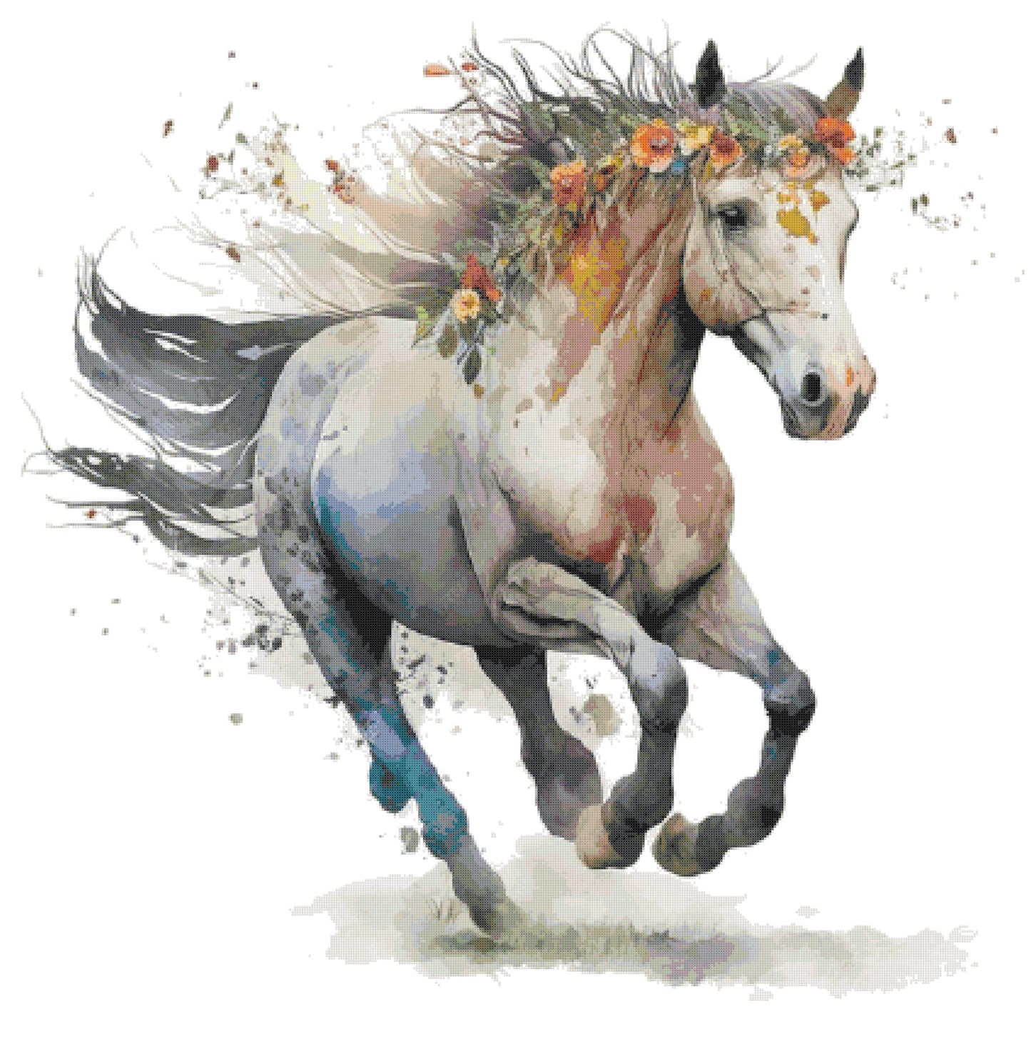 Horse Running with Flowers Crown/ Cross Stitch Patterns/ Animals 196