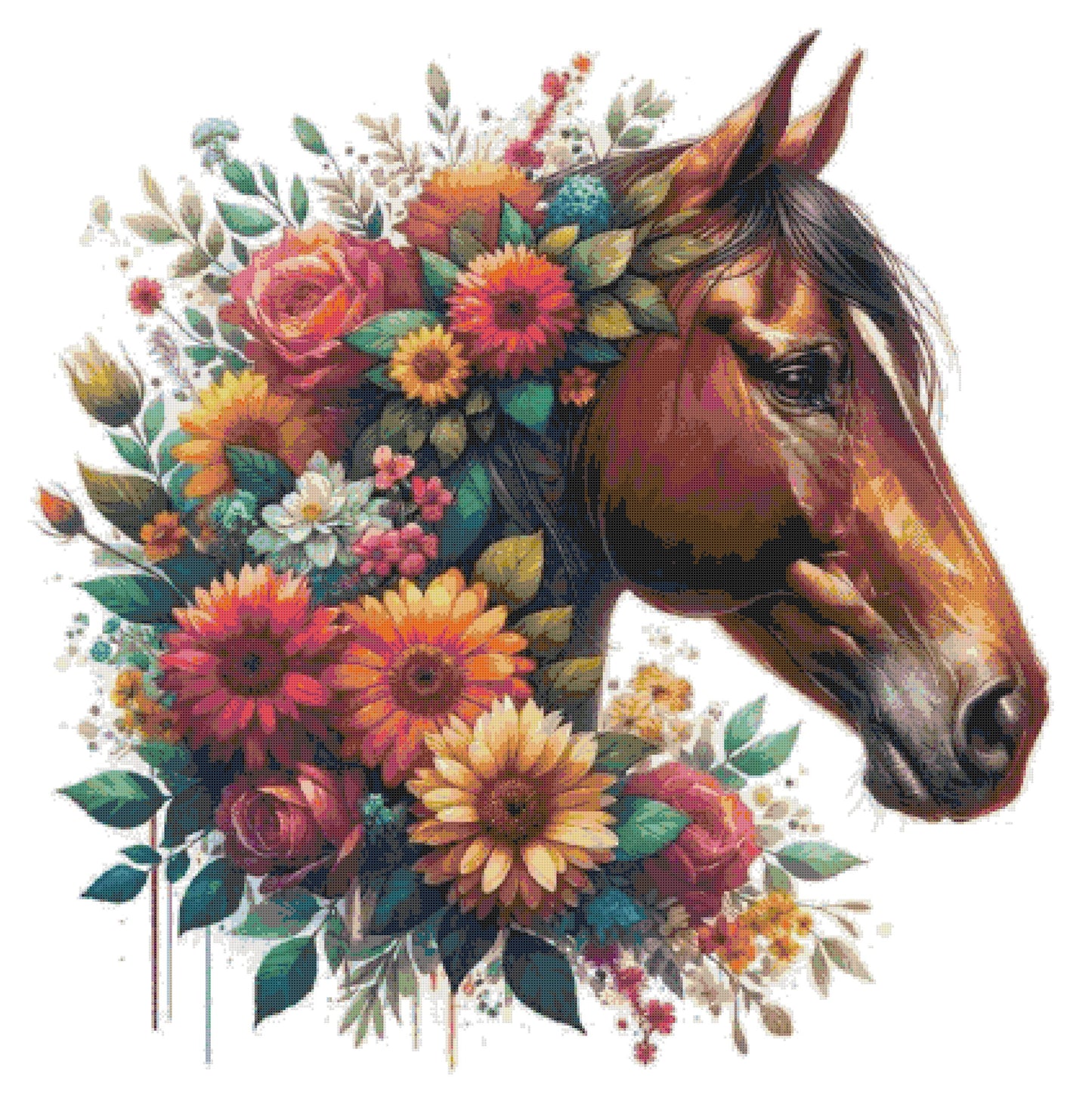 Brown Horse with Flowers/ Cross Stitch Patterns/ Animals 195