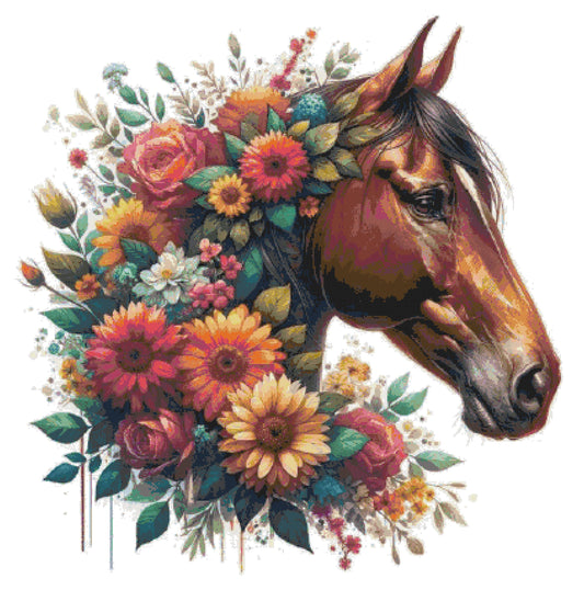 Brown Horse with Flowers/ Cross Stitch Patterns/ Animals 195