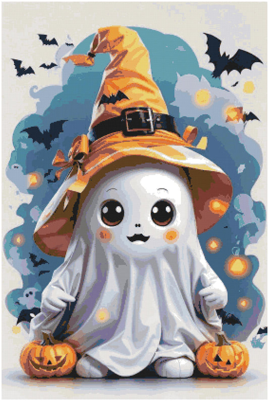 Counted Cross Stitch patterns/ Halloween Ghost with Witch Hat 58