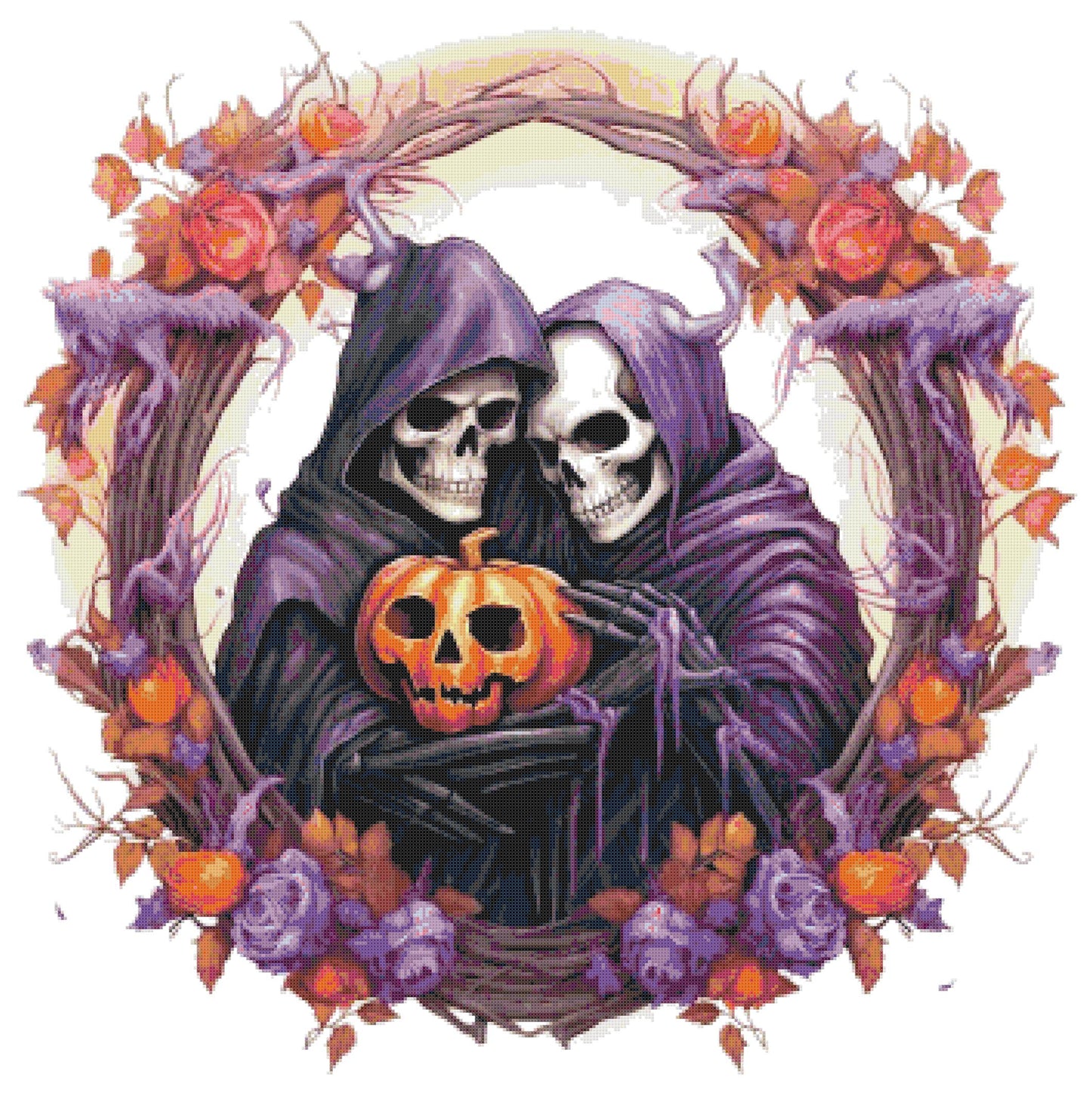 Skulls with Pumpkins Wreath/ Cross Stitch Patterns/ Halloween 62