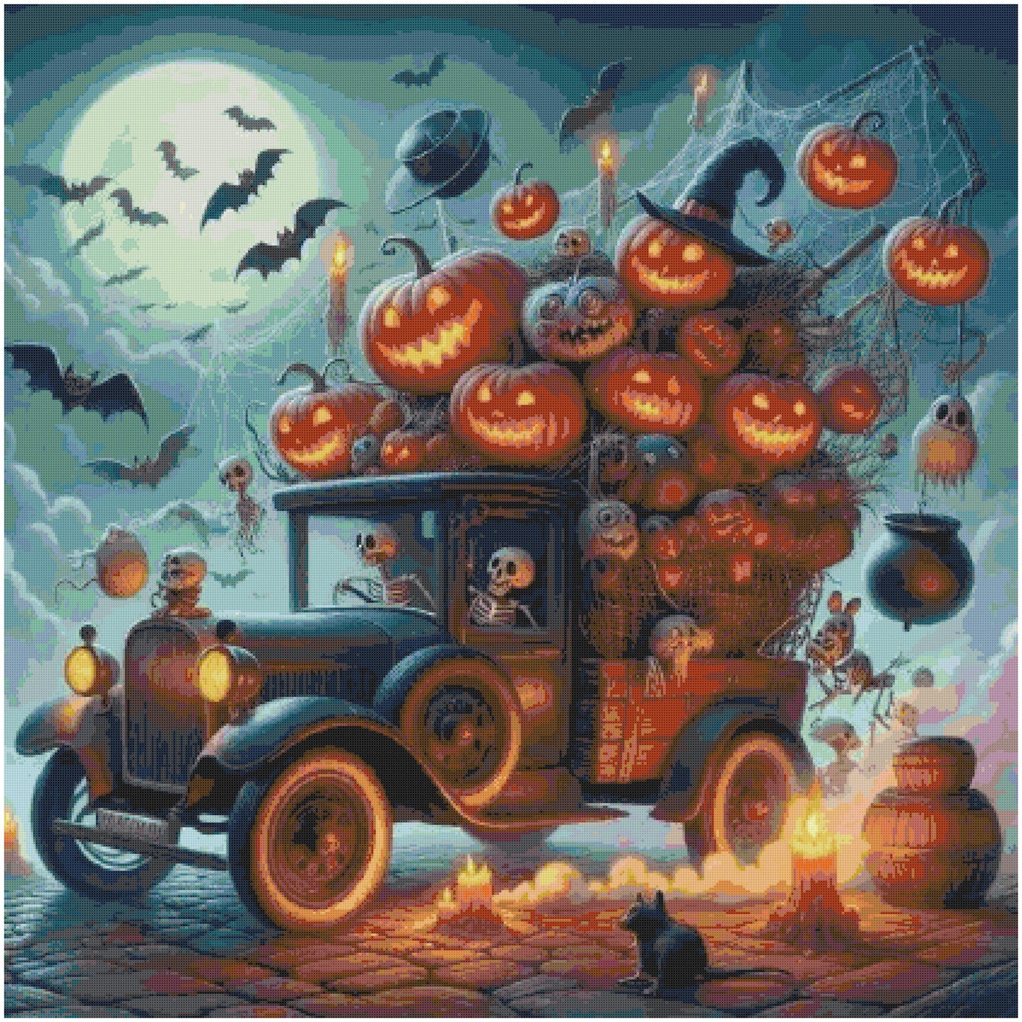 Halloween car carries pumpkins and skulls/ Cross Stitch Patterns/ 69