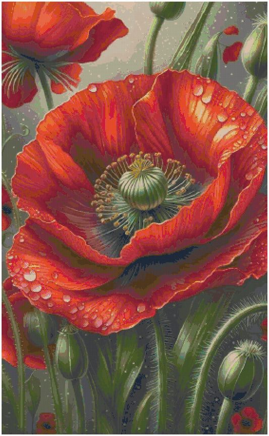 Counted Cross Stitch patterns/ Red Poppy Shimmering/ Flowers 164