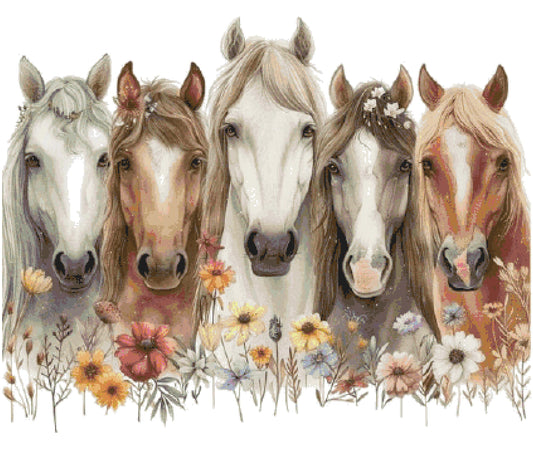 Row of Horses and Flowers/ Cross Stitch Patterns/ Animals 193