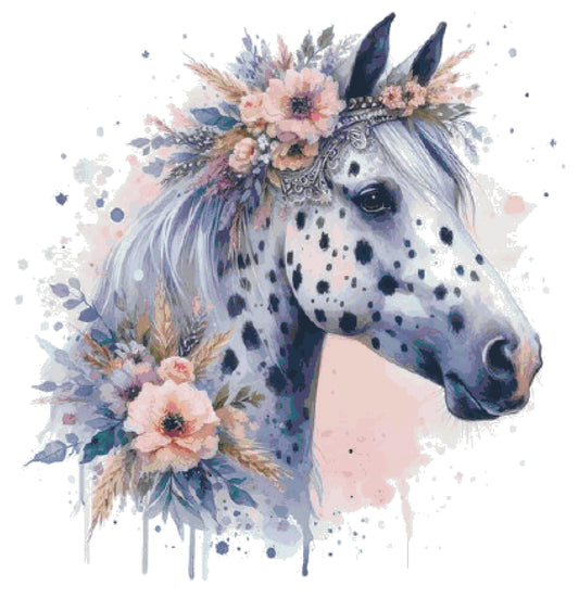 Spotted Horse with Flowers/ Cross Stitch Patterns/ Animals 194