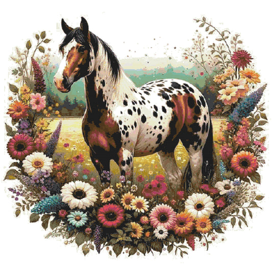 Spotted Brown Horse with Flowers/ Cross Stitch Patterns/ Animals 196