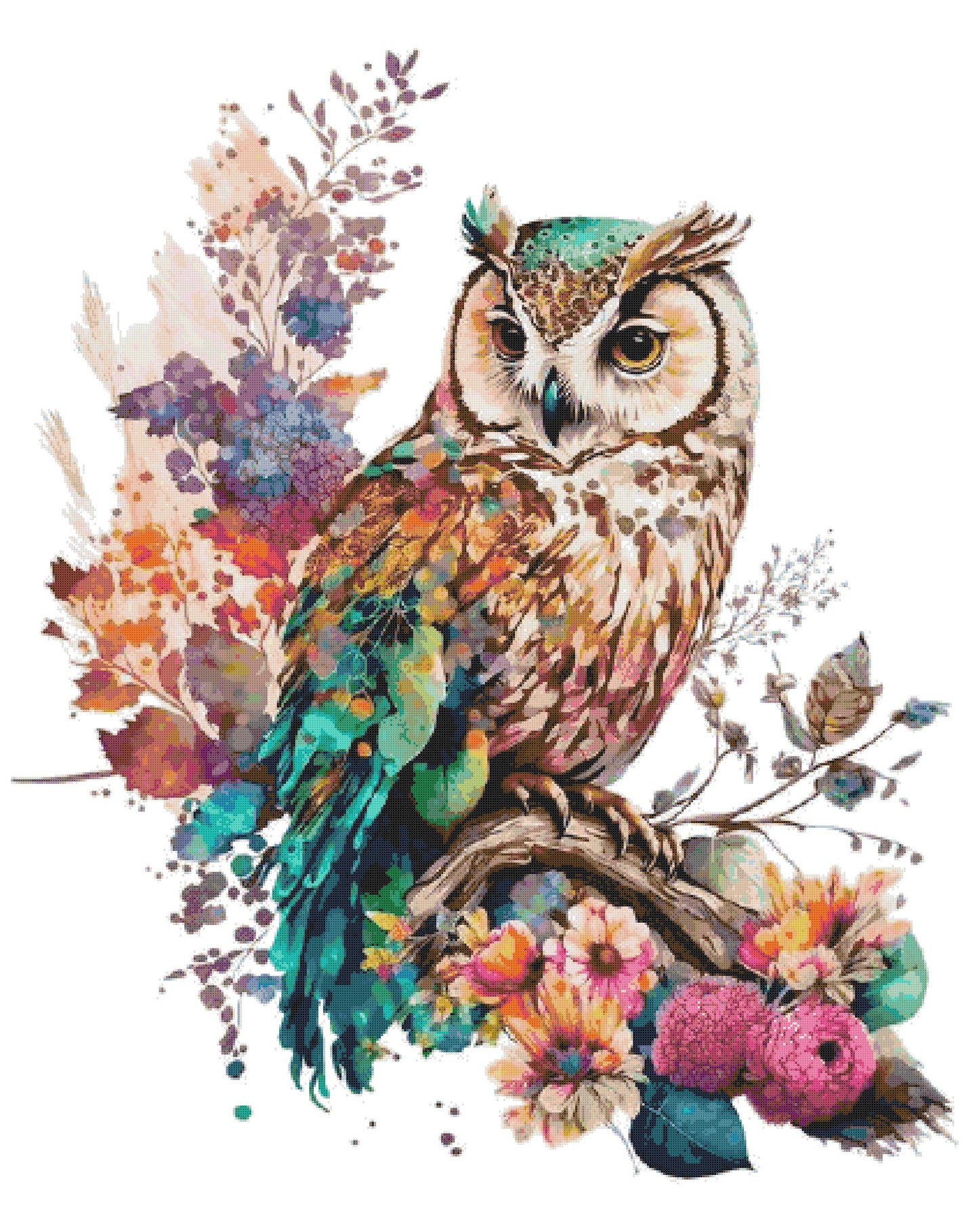 Counted Cross Stitch patterns/ Watercolor Owl and Flowers/ Animals 175