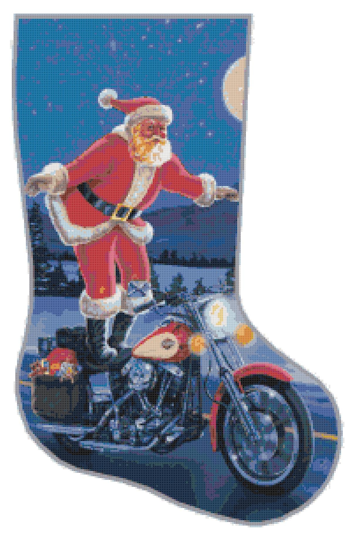 Satna Coming on Motorbike/ Counted Cross stitch Patterns/ Christmas Stocking 5